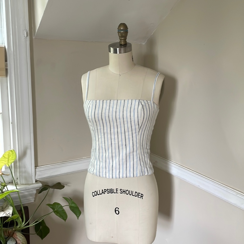 Reformation linen striped top, ruched back, zip up, size 4 or small